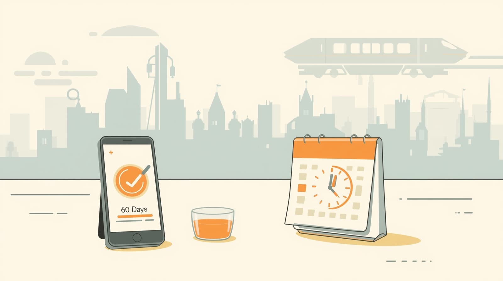 Minimalist phone with reservation checkmark, calendar symbol for 60-day ADR timing, and early-morning clock over a generic theme-park silhouette. No text on image.