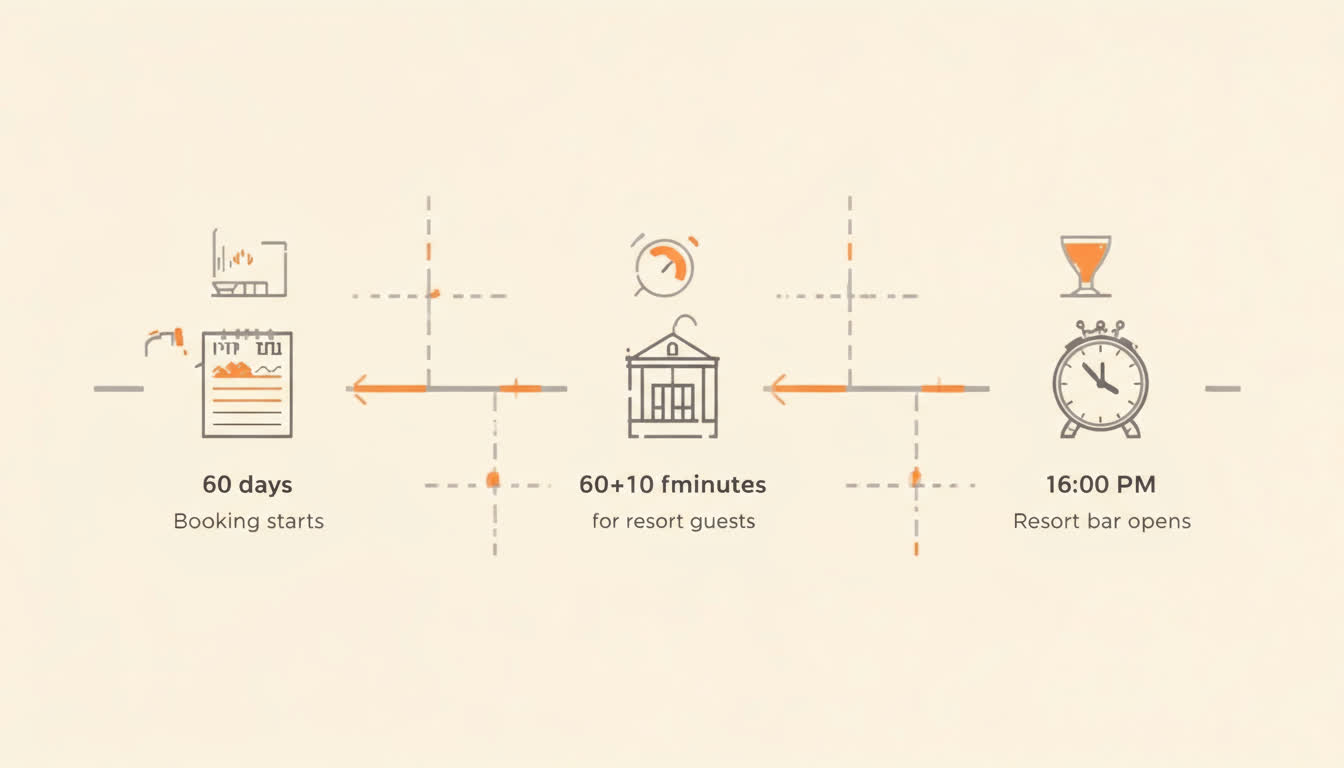 Icon-only timeline illustrating the 60-day booking window, the resort 60+10 advantage, and a 6:00 AM alarm (no text on image).