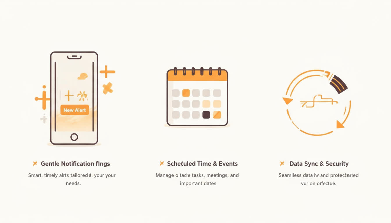 Minimal smartphone with gentle notification pings and a flexible calendar window indicating alerts and cancellations (no text on image).